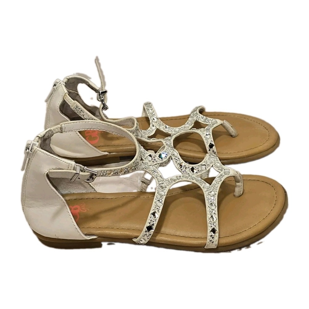 GB Girls Xephy White Rhinestone Gladiator Thong Sandals Sz 3 Back Zip GUC